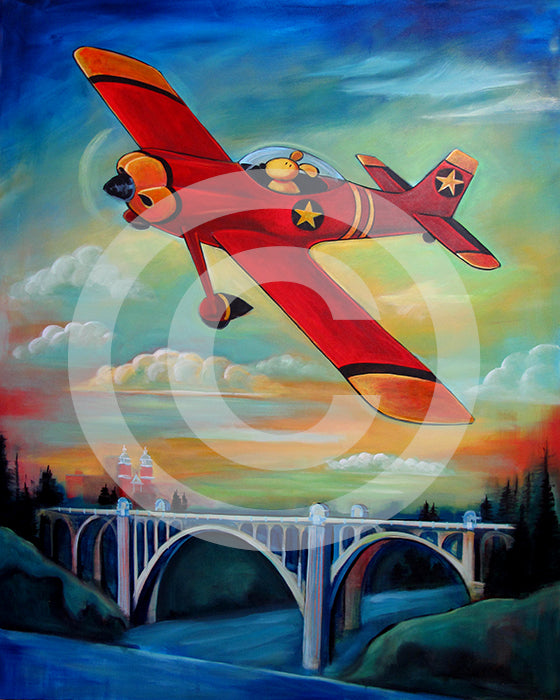 Pilot Dog over Spokane original painting 48 x 60 x 1.5 inches - Colorful Animal, Aviation, whimsical, Airstream, Quotes Art Kids, Pediatrics, Happy Art