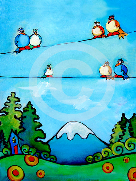 Mountain Birdscape - Colorful Animal, Aviation, whimsical, Airstream, Quotes Art Kids, Pediatrics, Happy Art