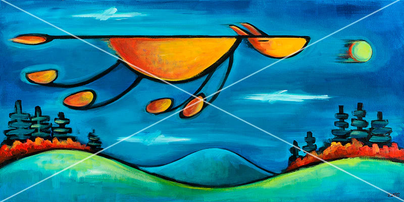 Large original painting of dog leaping for tennis ball over mountains, 24x48 original art