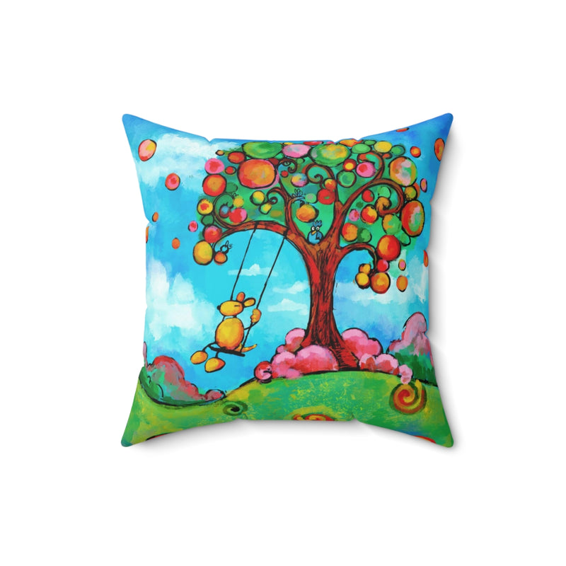 Love all Animals | Happiness Dog on Swing | Reversible Spun Polyester Square Pillow