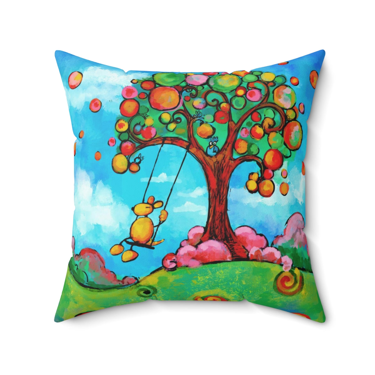 Love all Animals | Happiness Dog on Swing | Reversible Spun Polyester Square Pillow