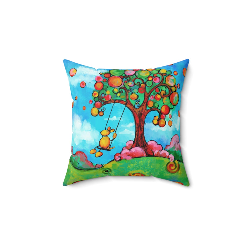 Love all Animals | Happiness Dog on Swing | Reversible Spun Polyester Square Pillow