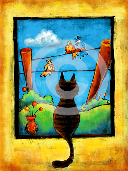 Staring Contest (Cat and Bird art) - Colorful Animal, Aviation, whimsical, Airstream, Quotes Art Kids, Pediatrics, Happy Art