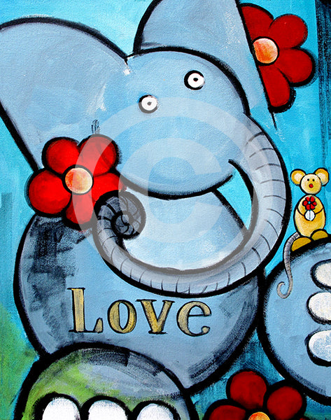 Elephant Love - Colorful Animal, Aviation, whimsical, Airstream, Quotes Art Kids, Pediatrics, Happy Art
