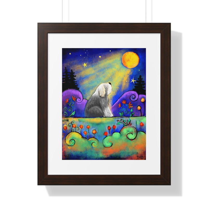 Sheepdog Gazing at Moon Framed Print