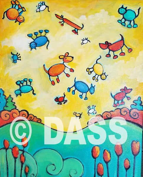Partly Coudy with A Chance of Cats and Dogs original - Colorful Animal, Aviation, whimsical, Airstream, Quotes Art Kids, Pediatrics, Happy Art